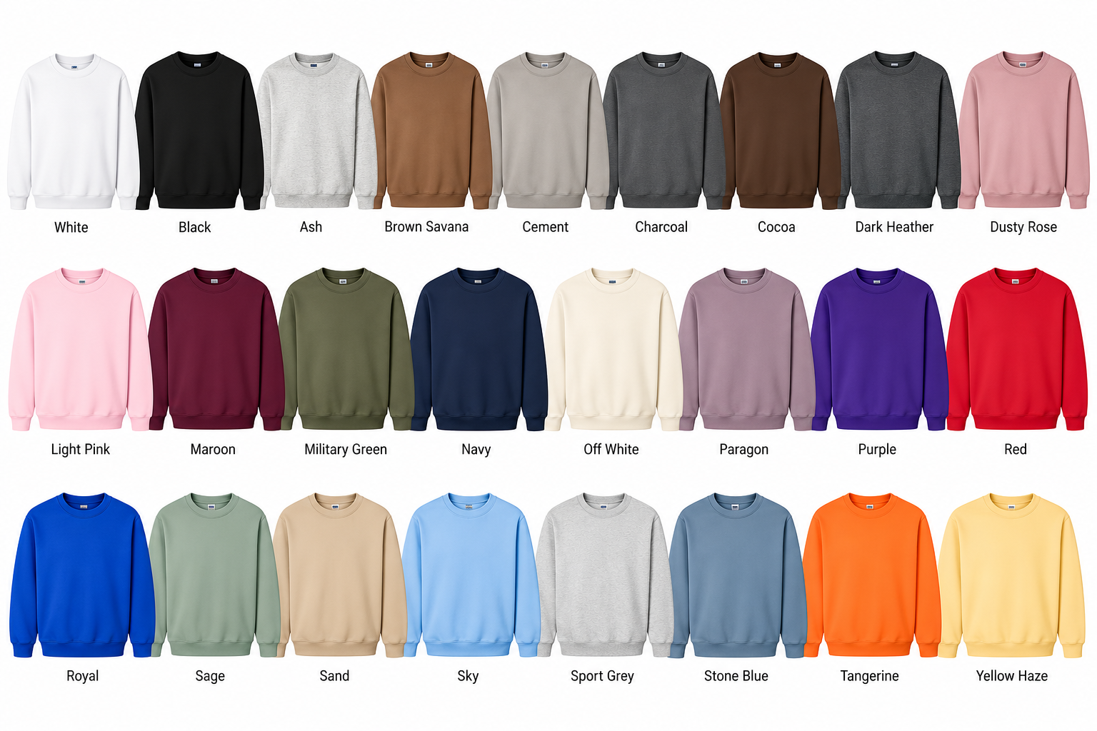 Crewneck colour chart