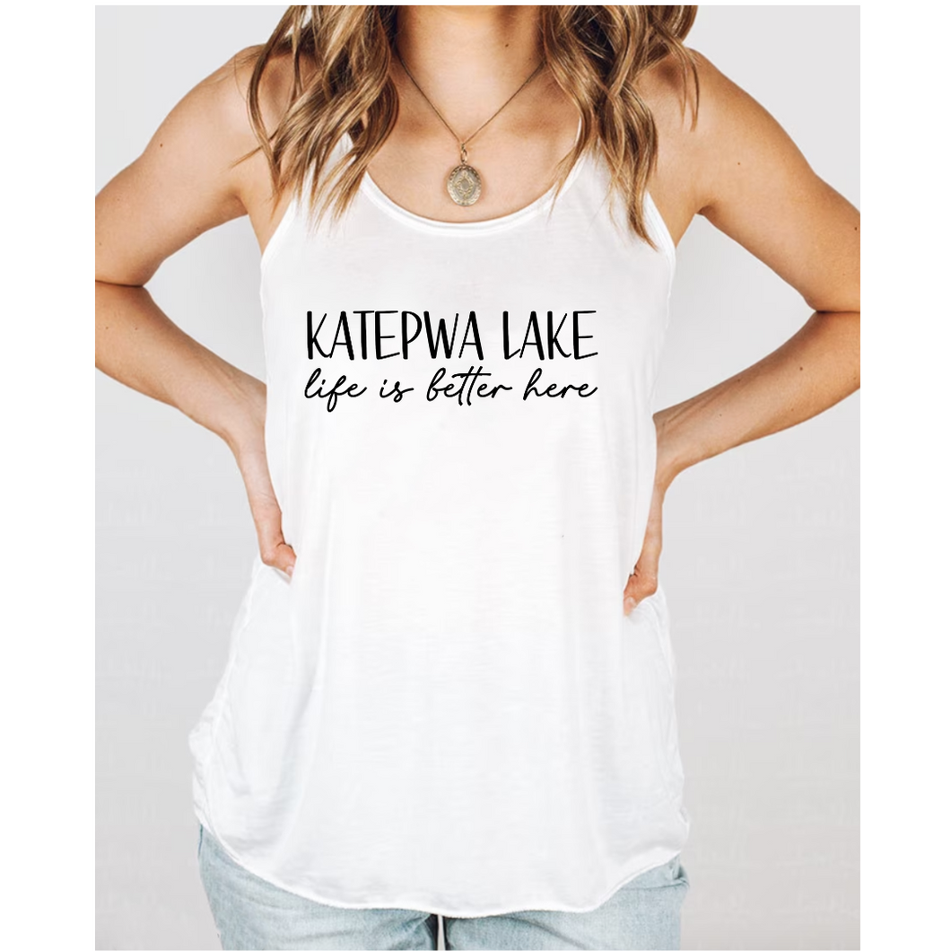 Katepwa Lake life is better here - Ladies Flowy Tank