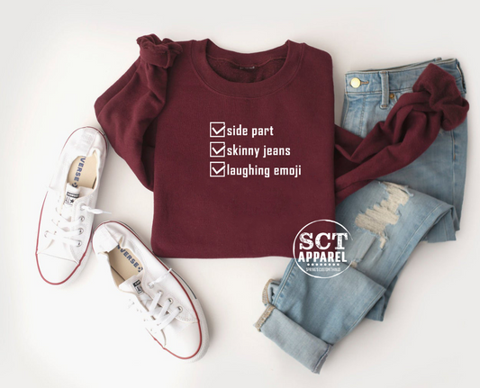 Side Part, Skinny Jeans, Laughing Emoji - Unisex Crewneck Sweater