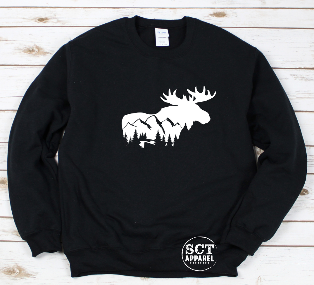 Moose, Mountains, Forest Design - Unisex crewneck sweater
