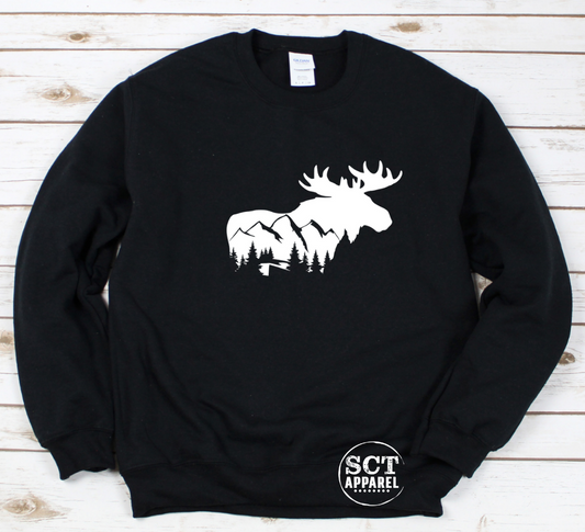 Moose, Mountains, Forest Design - Unisex crewneck sweater