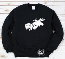 Load image into Gallery viewer, Moose, Mountains, Forest Design - Unisex crewneck sweater
