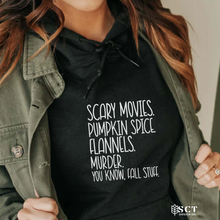 Load image into Gallery viewer, Scary Movies. Pumpkin Spice. Flannels. Murder. - Unisex Hoodie

